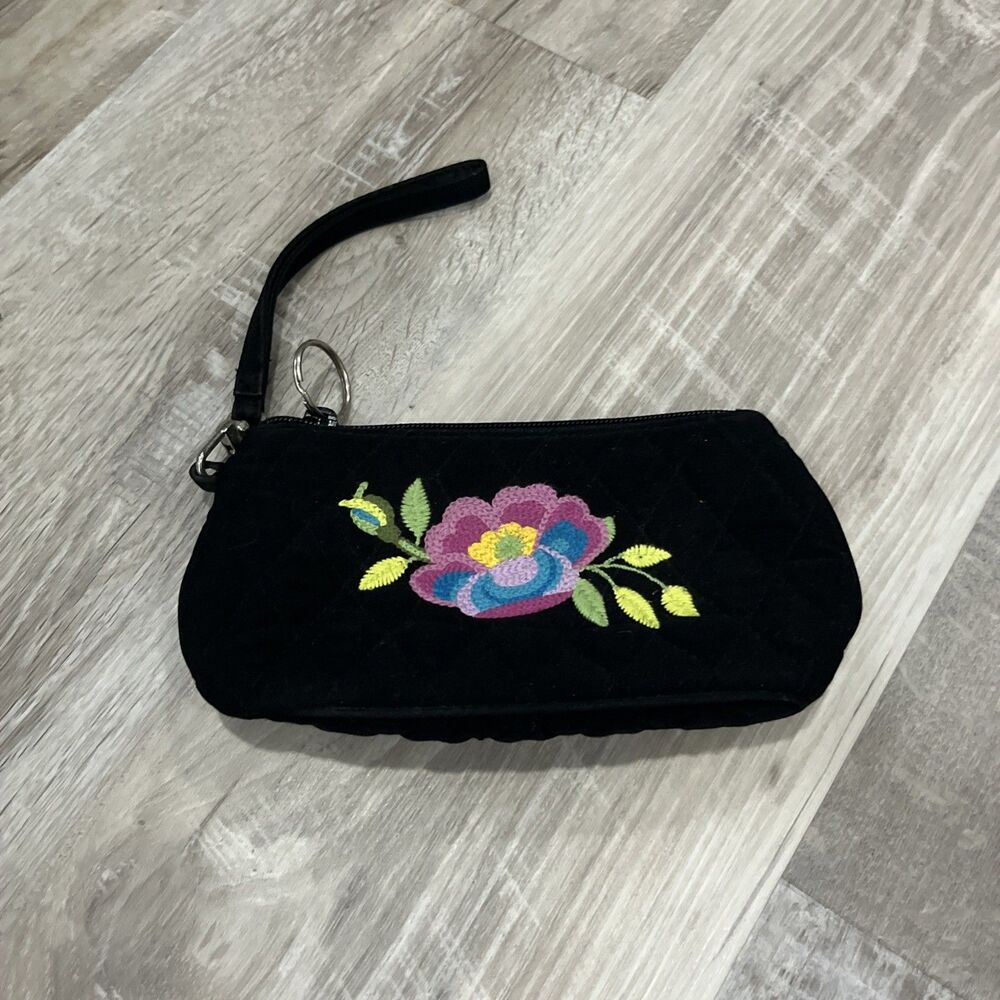 Vera Bradley Black Wristlet Purse Embroidered Flower 8”x4”